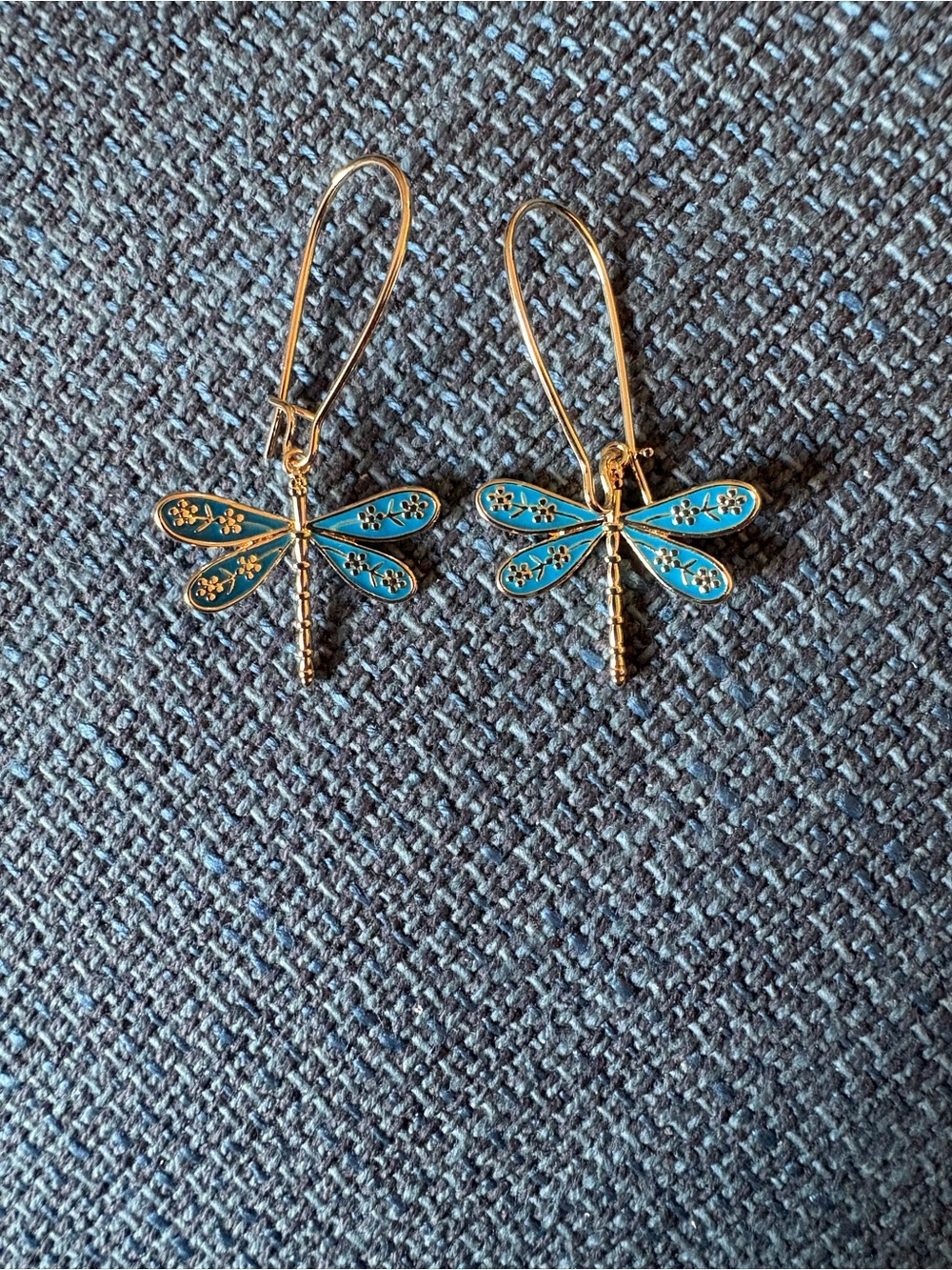 Gold Dragonfly Drop Earrings with Blue Enamel